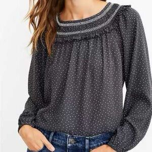 LOFT Charcoal Polka Dot Flowy Mixed Media Ruffle Neck Blouse Size S